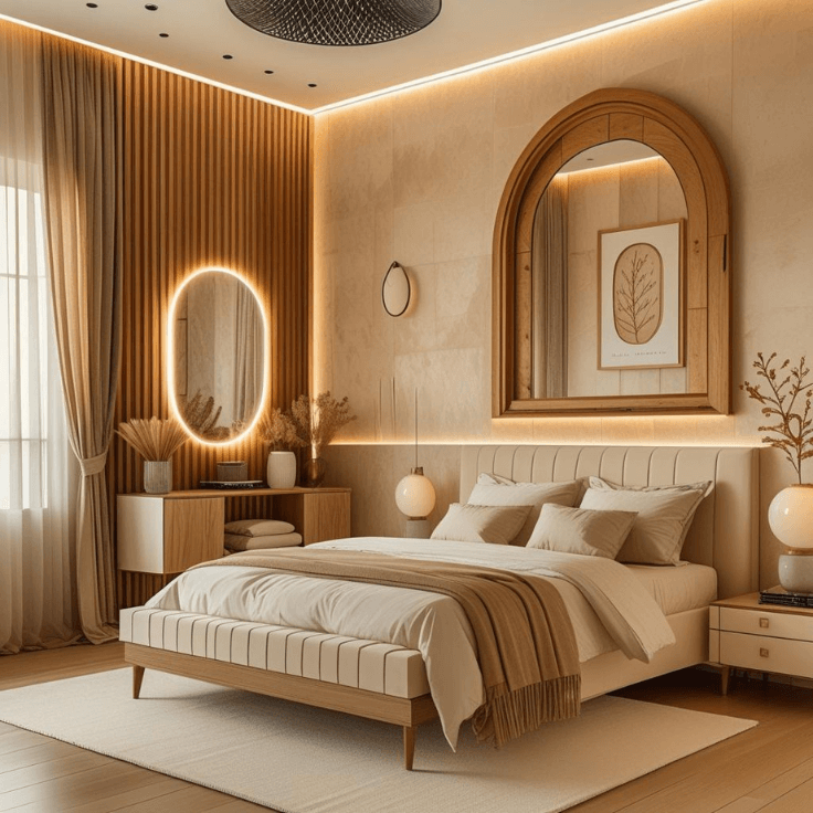 Arched Mirror Styling in a Neutral Bedroom