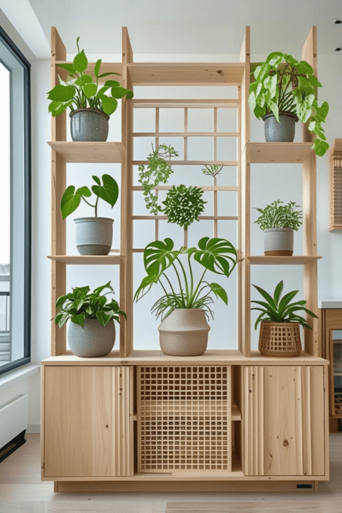Minimalist Wooden Shelf Divider with Greenery