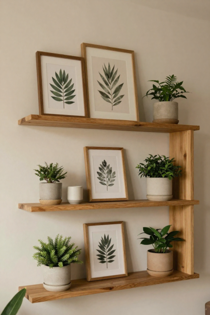 Mix Framed Art and Small Plants for Layered Shelf Styling