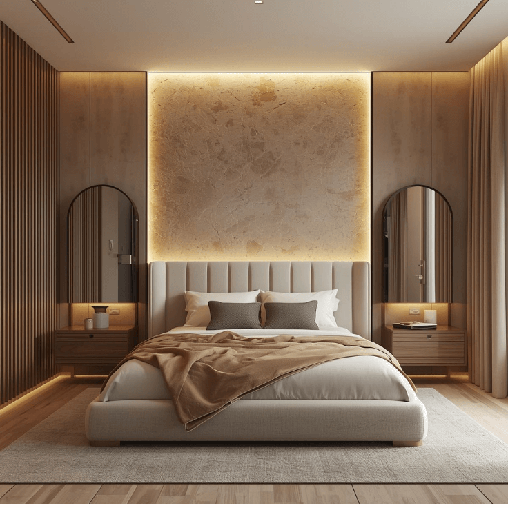 Modern Beige Bedroom Design Ideas with LED Backlit Accent Wall