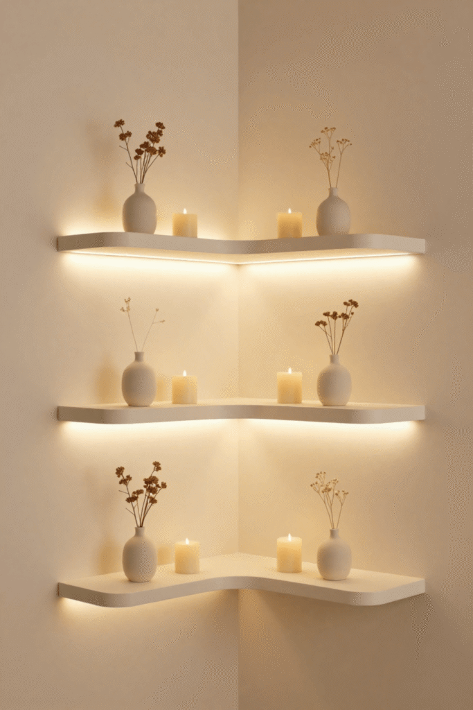 Neutral Ceramic Decor for Curved Corner Shelves