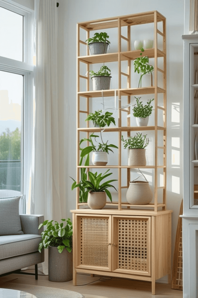 Open Concept Living Room Divider with Wooden Plant Shelf