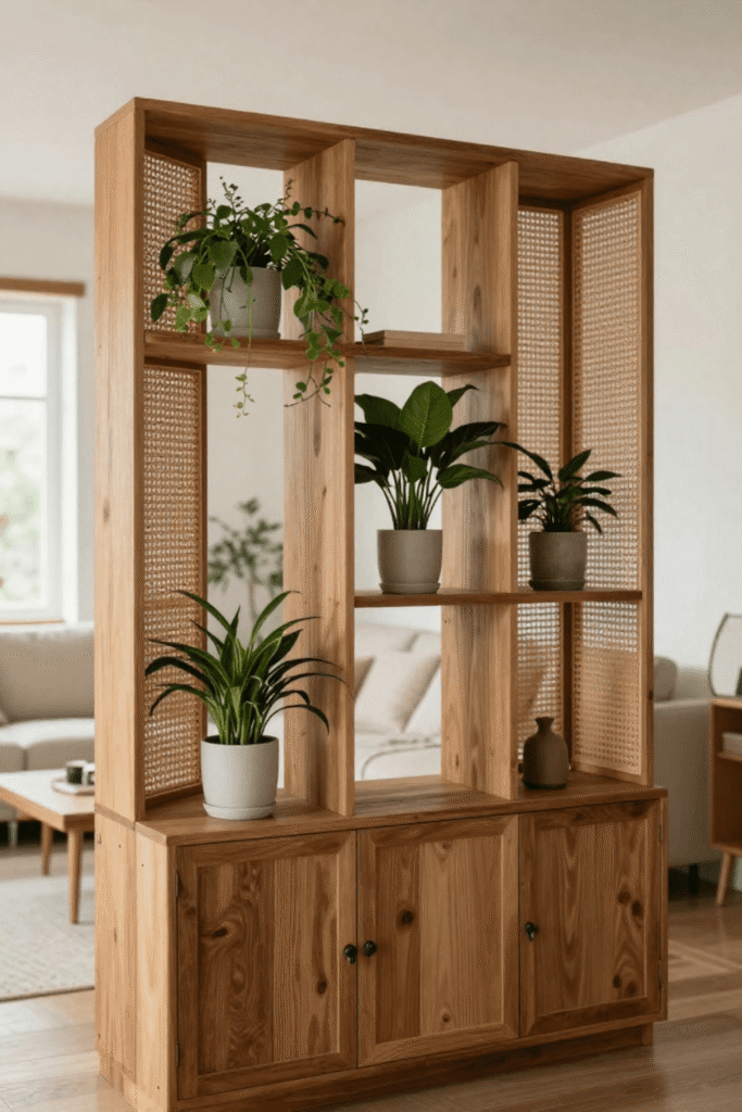Renter Friendly Wooden Shelf Room Divider with Plants