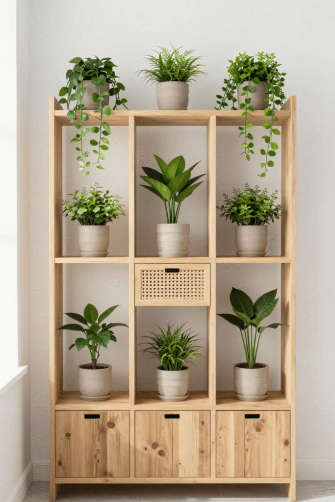 Space Saving Plant Shelf Divider for Small Living Rooms