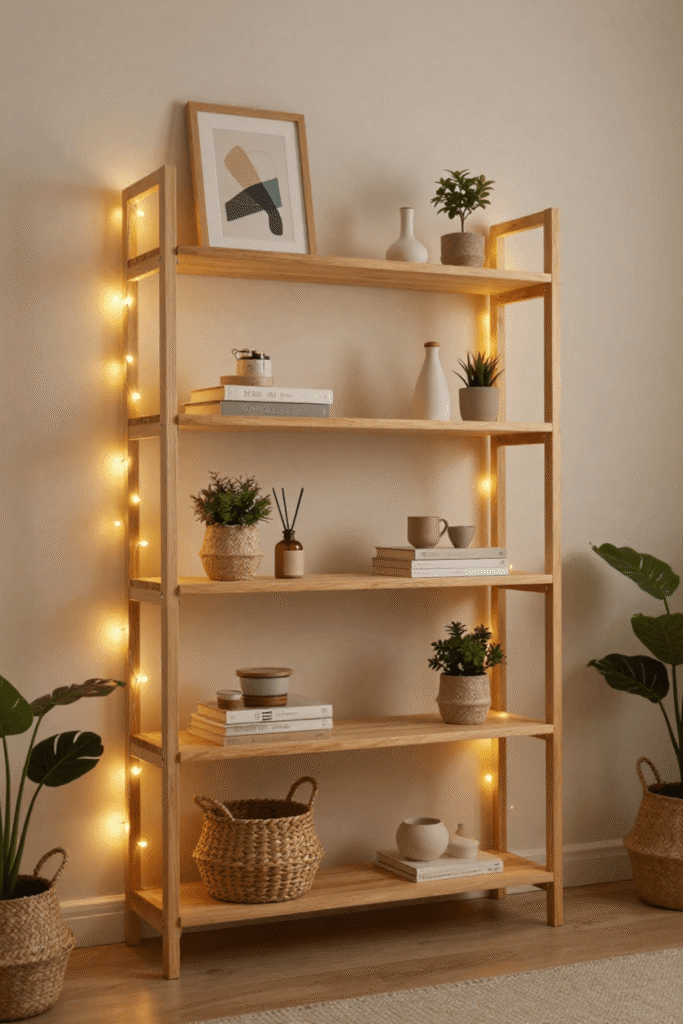 Style Wooden Shelves with Warm Fairy Lights for Ambient Glow