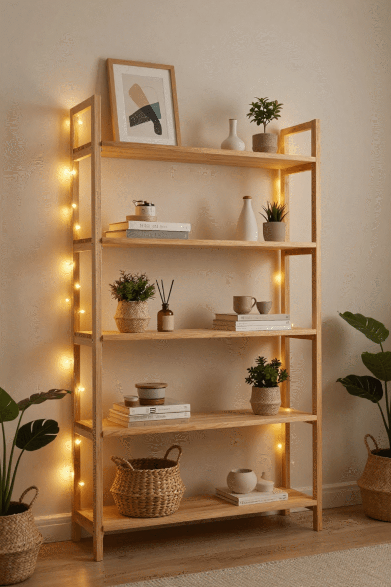 Style Wooden Shelves with Warm Fairy Lights for Ambient Glow