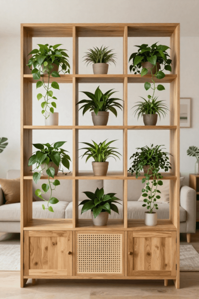 Wooden Open Shelf Room Divider with Indoor Plants