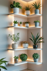 Beautiful Corner Shelf Wall Decor with Green Plants
