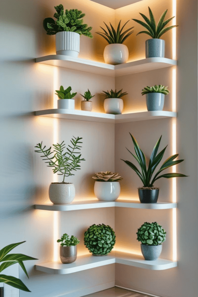Beautiful Corner Shelf Wall Decor with Green Plants