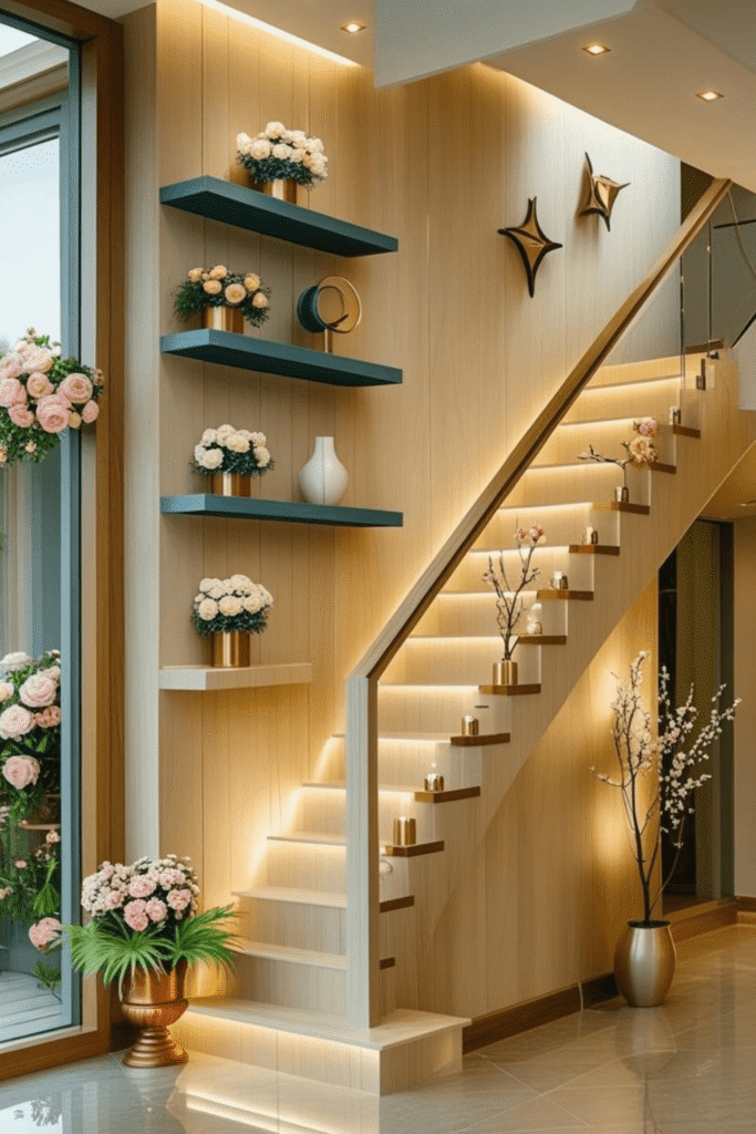 Beautiful Staircase Accent Wall Ideas with Decorative Niches
