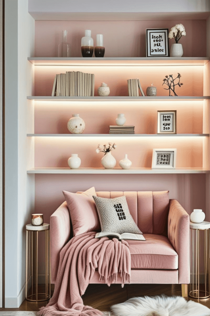 Blush Pink Reading Nook Ideas with Floating Shelf Decor