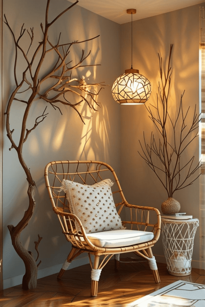 Boho Style Reading Corner Decor with Woven Chair