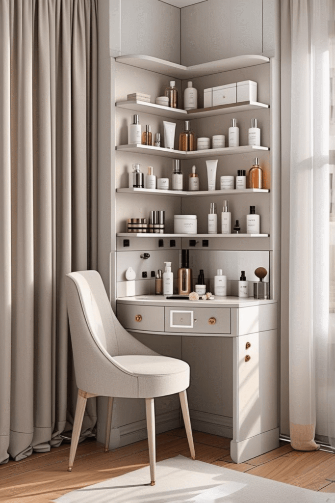 Compact Corner Makeup Vanity With Open Shelves And Storage Drawers For Small Bedroom