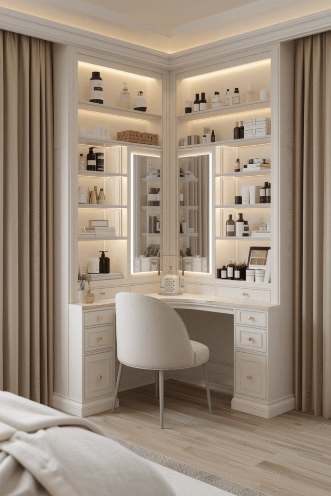 Corner Vanity Table Design With LED Mirror And Built In Storage Shelves Ideas