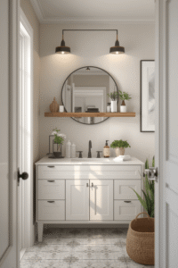 Cozy Bathroom Decor Ideas with Wooden Shelves and Plants