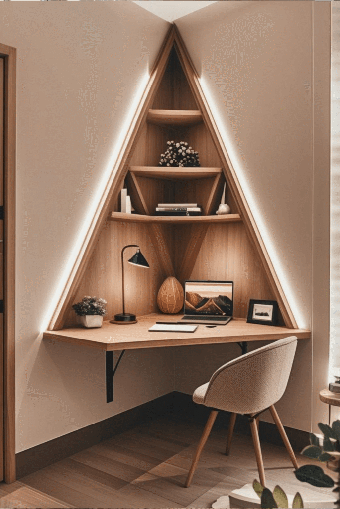 Cozy Home Office Corner Setup with Built In Shelving