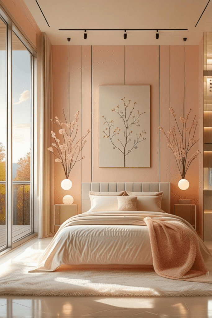 Cozy Peach Bedroom Ideas with Pendant Lights and Soft Decor