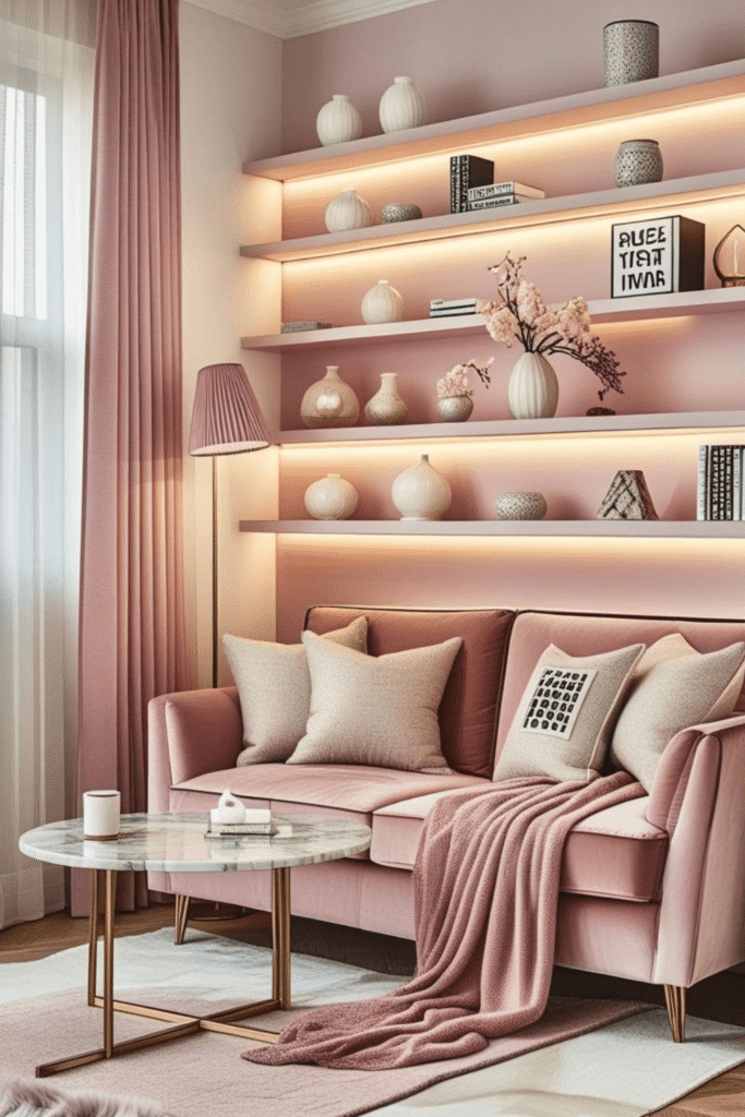 Cozy Pink Reading Corner with Warm Shelf Lighting