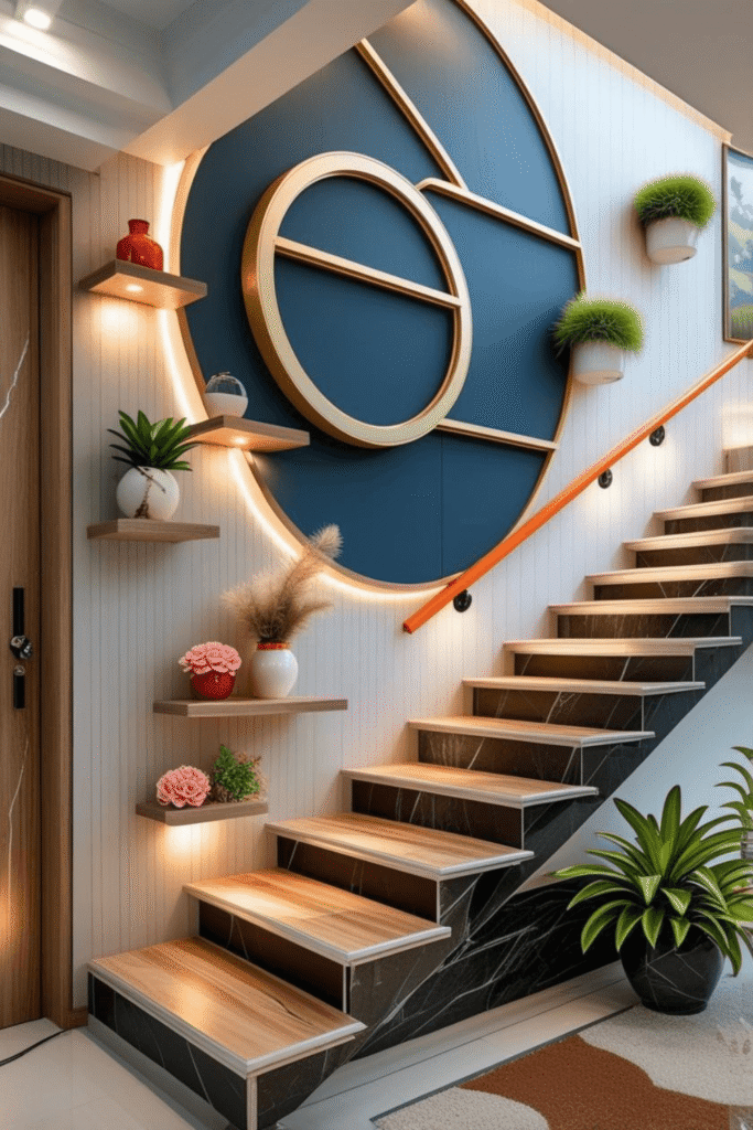 Creative Staircase Wall Panel Design with Decorative Shelves