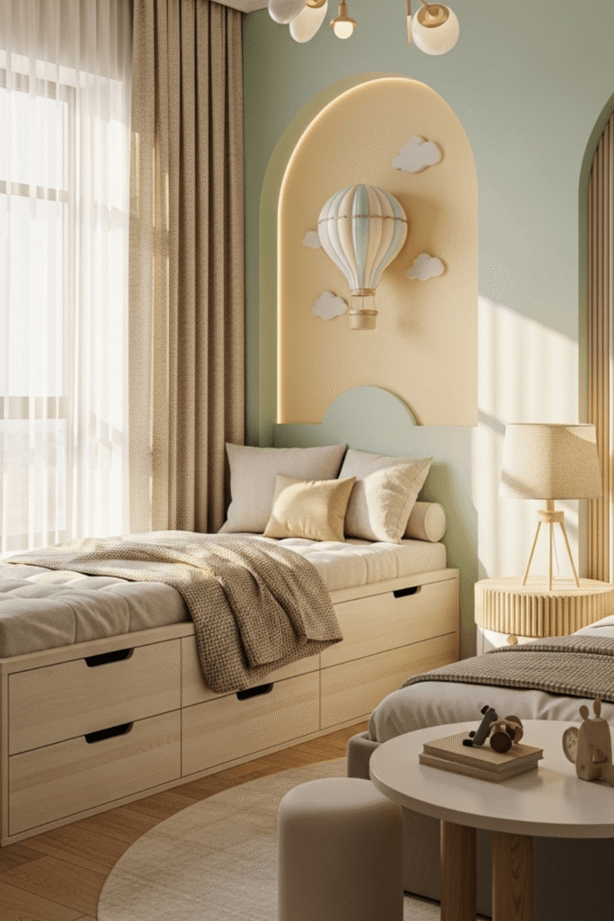 Cute Kids Bedroom Design With Arch Wall Decor And Storage Bed Ideas