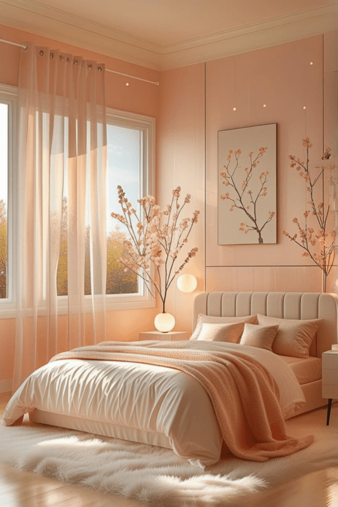Dreamy Peach Bedroom Ideas with Soft Curtains and Warm Lighting