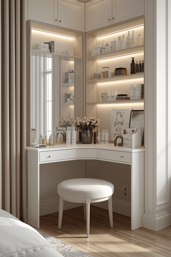 Elegant Corner Makeup Vanity With Mirror And LED Shelves For Small Bedroom