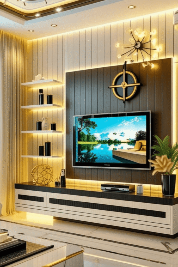 Elegant Living Room TV Wall Decor with Floating Shelves