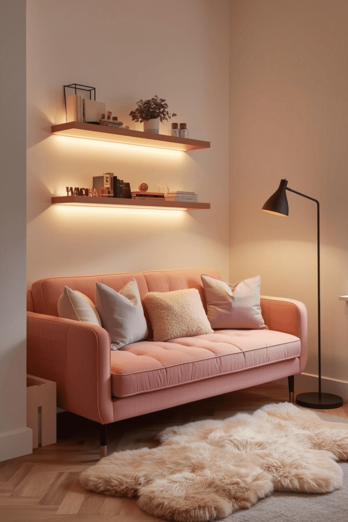 Elegant Pink Reading Nook Decor with Floating Shelves