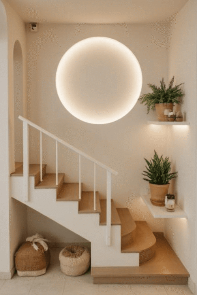Elegant Staircase Wall Decor Ideas with Plants and Lighting