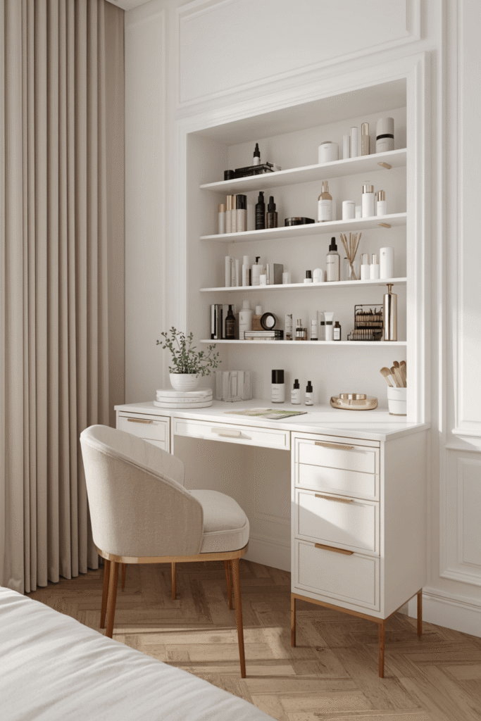 Elegant White Vanity Desk With Open Shelves And Makeup Storage Organizer