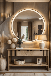Entryway Console Table Decor Ideas with Large Round Mirror