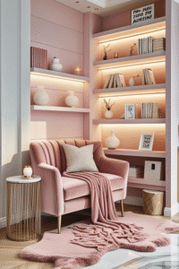 Feminine Reading Corner Decor with Soft Pink Aesthetic