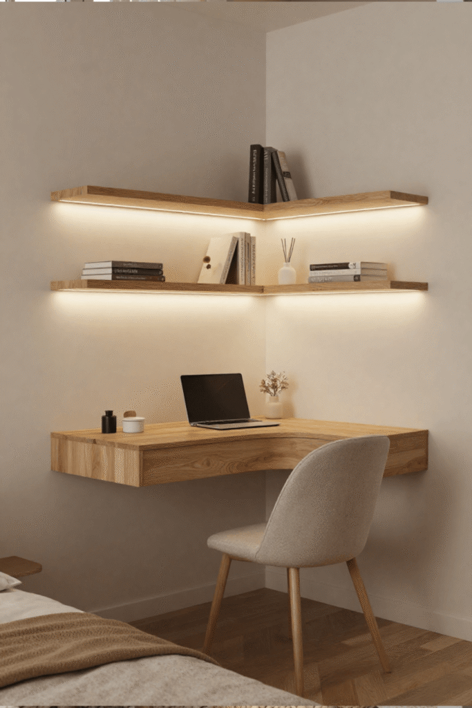 Floating Corner Desk with Built In Shelves for Small Spaces