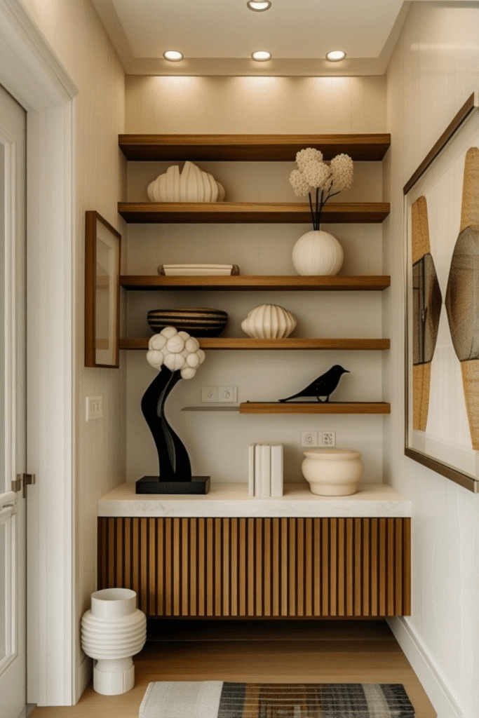 Floating Shelf Decor Ideas with Wooden Slat Accent Wall