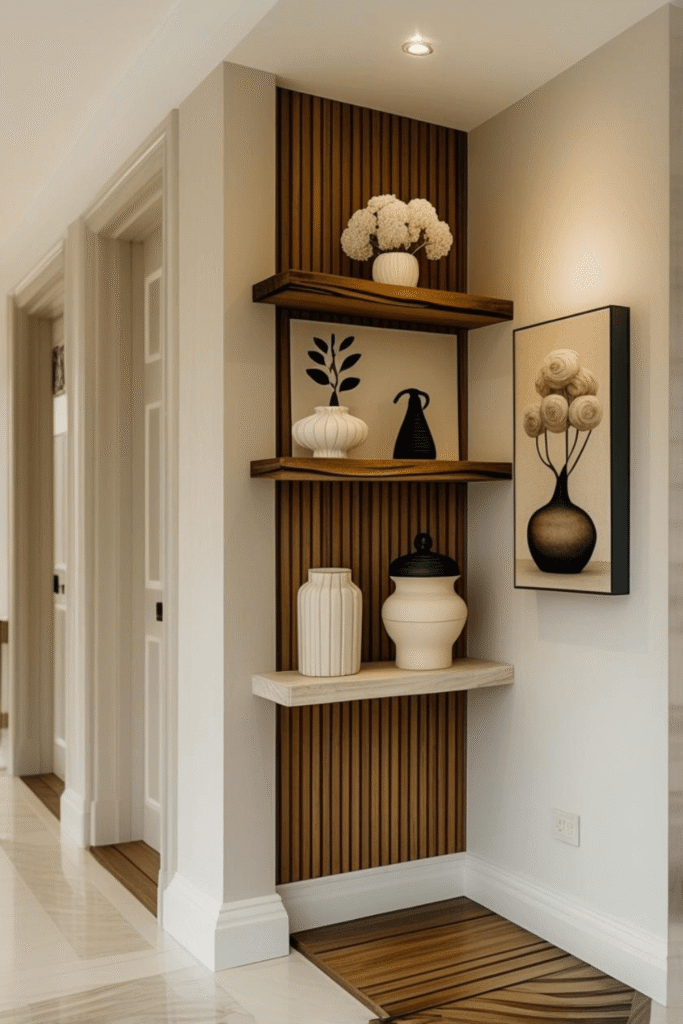 Floating Shelf Wall for Elegant Hallway Design