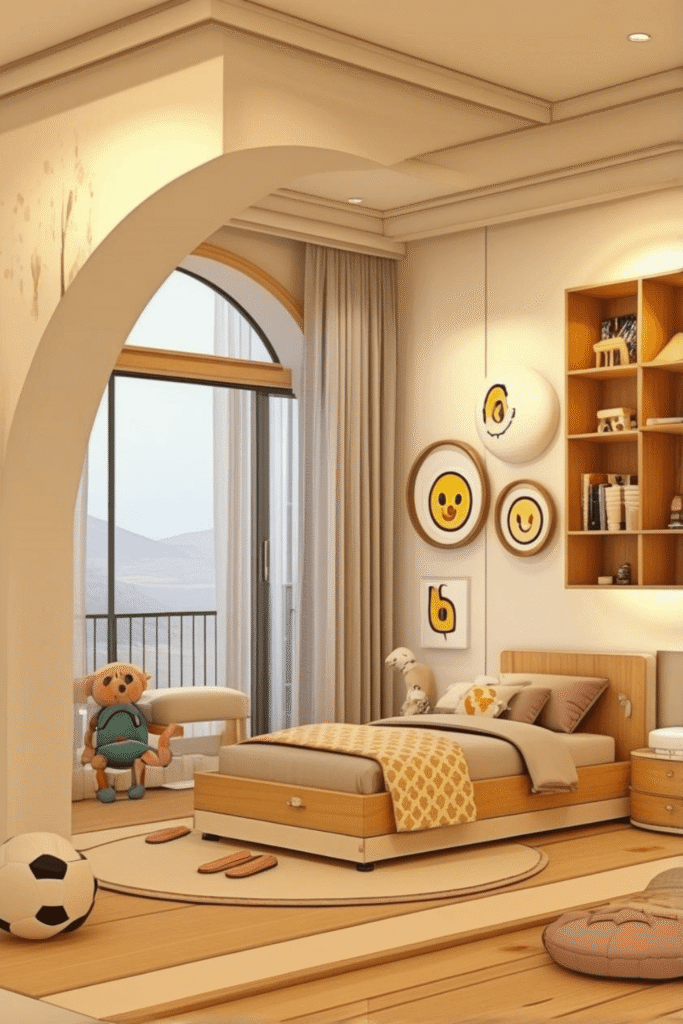 Kids Bedroom Design With Arch Window And Built In Shelves For Modern Homes