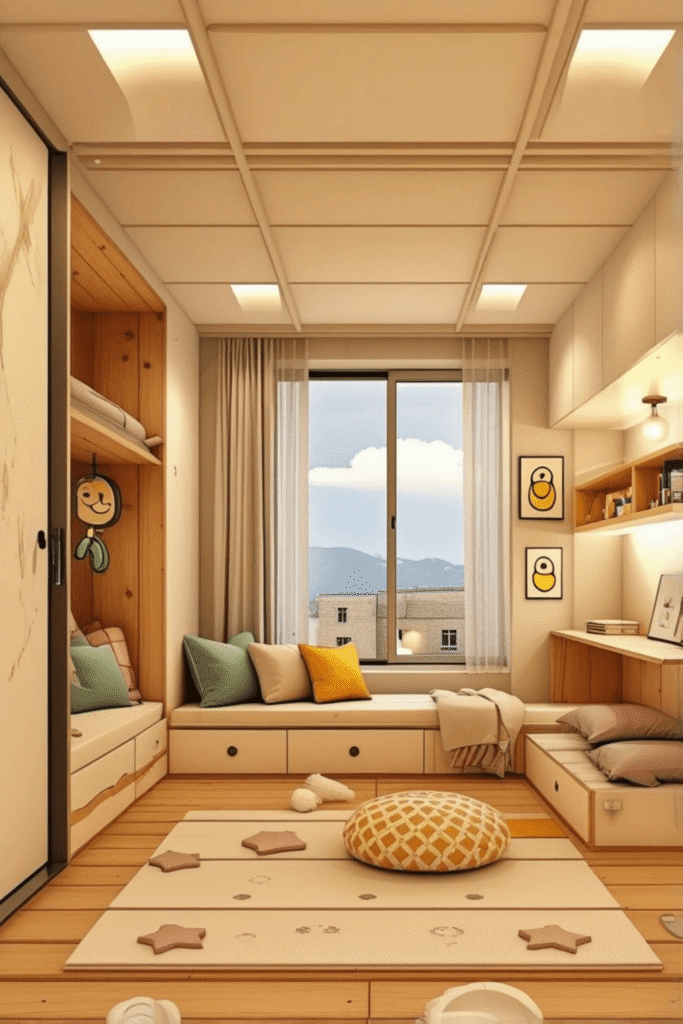 Kids Bedroom With Storage And Window Seating Design For Small Spaces