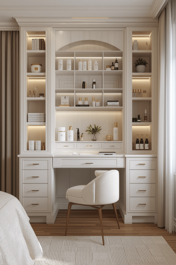 Luxury Built In Vanity Table With LED Shelves And Makeup Storage Cabinets