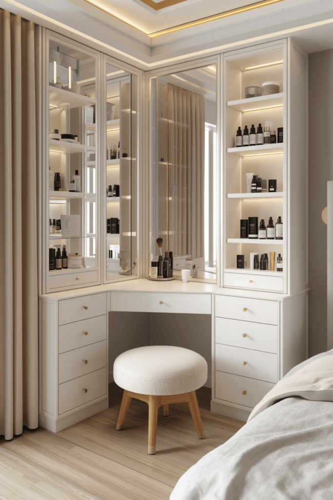 Luxury Corner Makeup Vanity With LED Mirror And Built-In Storage Drawers