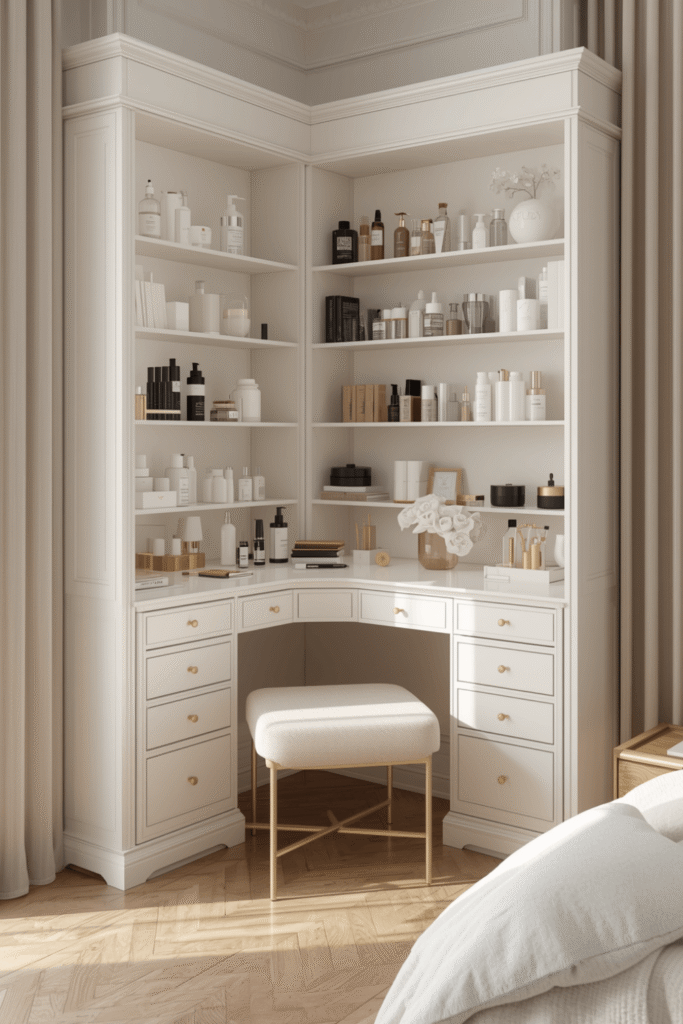 Luxury Corner Vanity Table Design With Built In Shelves And Makeup Storage Ideas