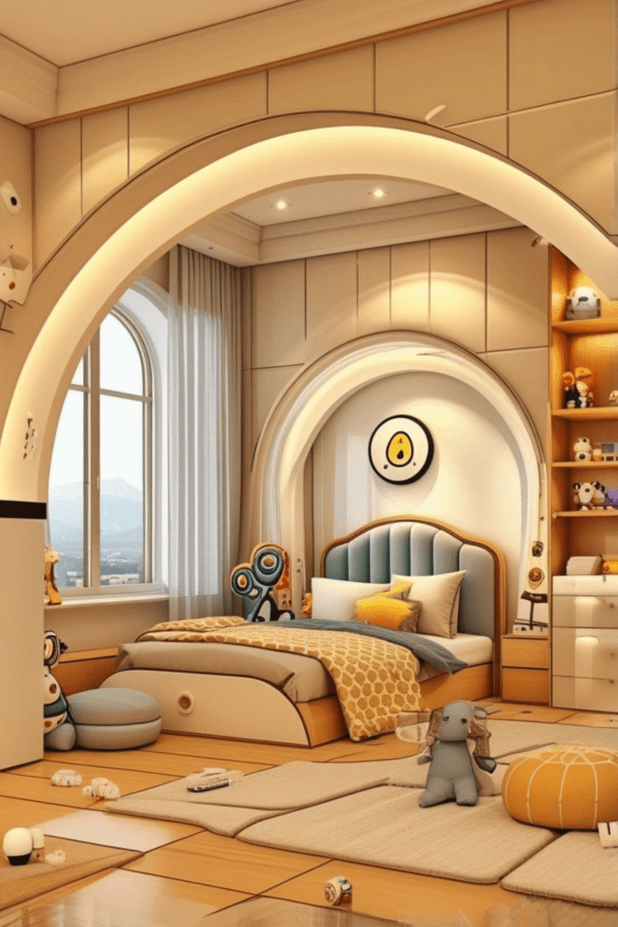 Luxury Kids Bedroom Design With Arch Wall And Modern Lighting Ideas