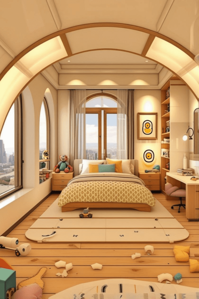 Luxury Kids Bedroom Design With Large Arch Ceiling And Modern Lighting Ideas
