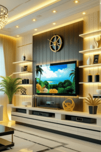 Luxury Living Room TV Wall Decor with Floating Shelves