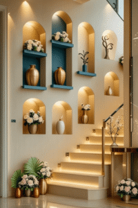 Luxury Staircase Wall Panel Design with Decorative Shelves