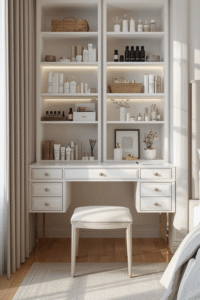 Luxury Vanity Table Design With Built In Shelves And Skincare Storage Ideas