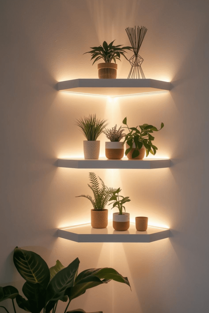 Minimalist Corner Shelf Ideas with LED Lighting