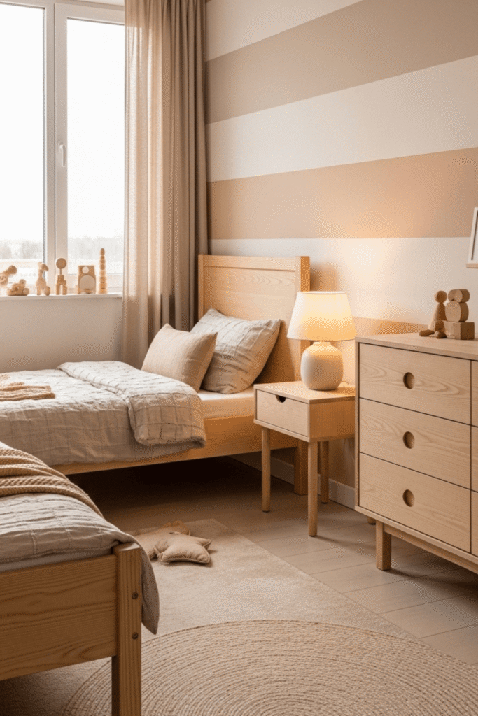 Minimalist Kids Bedroom Design With Wooden Furniture And Neutral Color Ideas