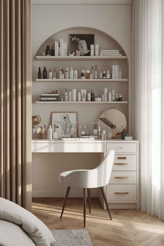 Minimalist Wall Mounted Vanity With Open Shelves For Makeup Storage