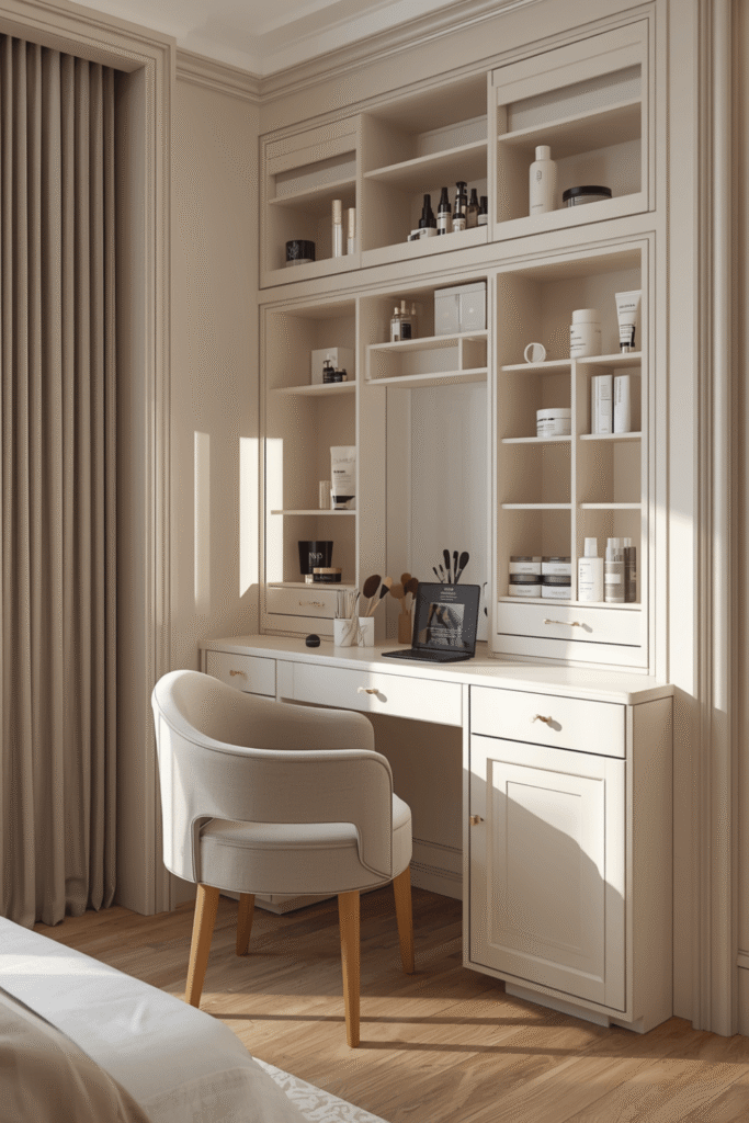 Modern Built In Vanity Table With Storage Cabinets And Makeup Organizer Shelves