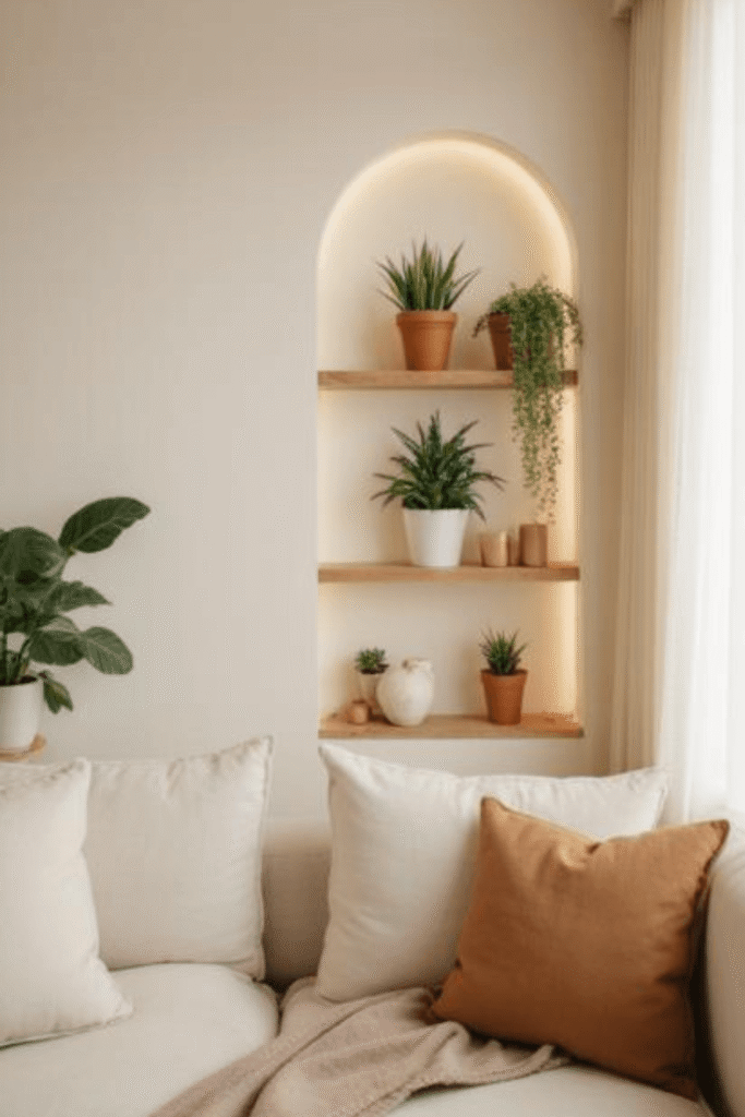 Modern Corner Plant Shelf Ideas with Warm LED Lighting
